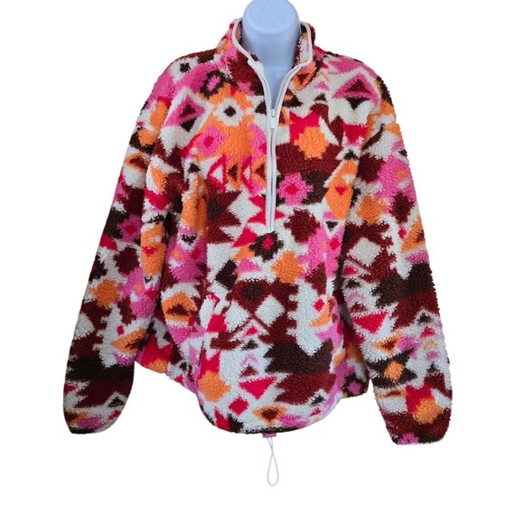 No Boundaries XL Womens Fleece Pullover Aztec Geometric Print Pink Orange Brown - Picture 1 of 5